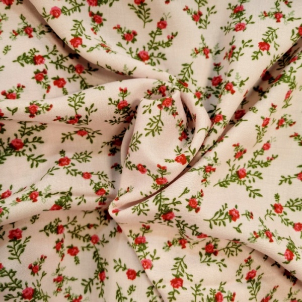 Printed Viscose - RED  FLOWERS ON PALE PINK